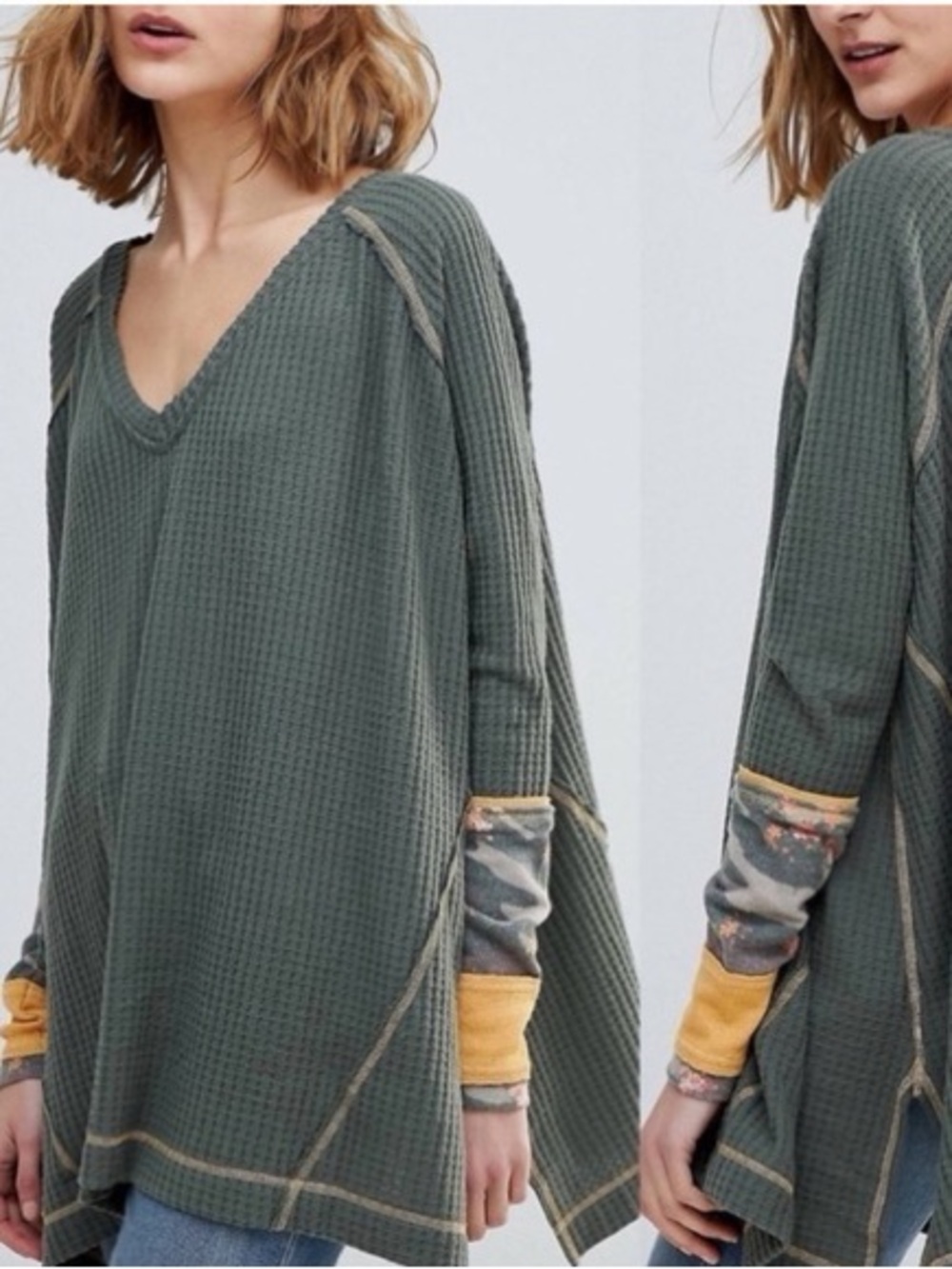 We The Free Loving Leopard Green Waffle Knit Thermal Top S Oversized